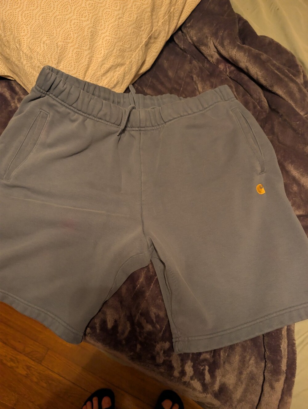 Carhartt WIP Men’s Blue Athletic Sweat Shorts with Gold Logo And Back Pocket
